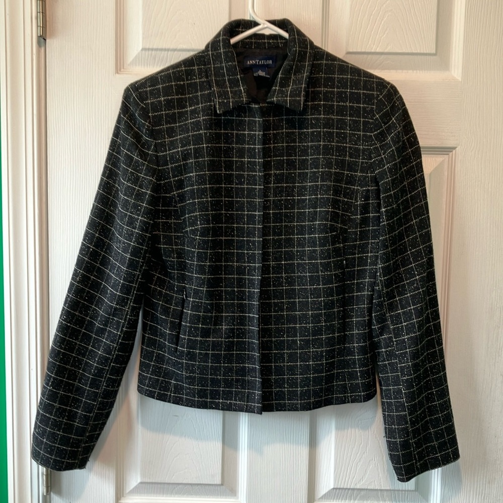 Anne taylor Black Checkered Women's Jacket size 2 windowpane silk blend y2k